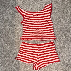 Red and White Striped Crochet Tank + MicroShorts Set